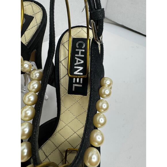 Chanel Black Grosgrain Faux Pearl Sandals EU 37.5 Luxury Designer Slide Sandals - Picture 3 of 12